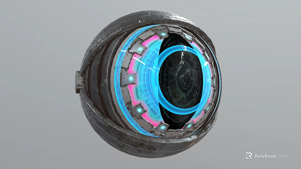 Game Movie Character Futuristic Spherical Device With Metallic Exterior And Glowing Blue Pink Rings 3d model 