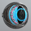 Game Movie Character Futuristic Spherical Device With Metallic Exterior And Glowing Blue Pink Rings