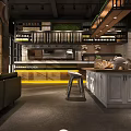 Modern Dessert Shop Interior With Open Counter Stools Hanging Lights And Green Plants