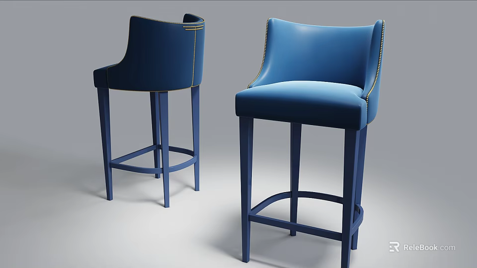 Stylish Blue Leather Bar Stools With Backrest And Metal Legs And Stitched Details 3d model 