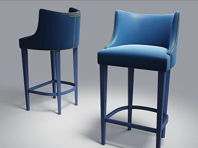 Stylish Blue Leather Bar Stools With Backrest And Metal Legs And Stitched Details 3d model