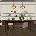 Elegant Restaurant Interior With Dining Table Chairs Pendant Lights Shelves And Herringbone Floor