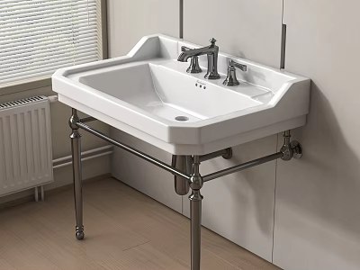 White Washbasin with Double Faucets on Metal Stand by Window and Wooden Floor in Bathroom 3d model