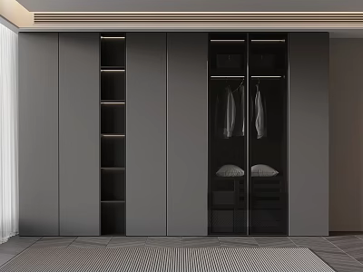 Modern Sleek Black Wardrobe With Glass Doors Hanging Clothes And Open Shelves 3d model