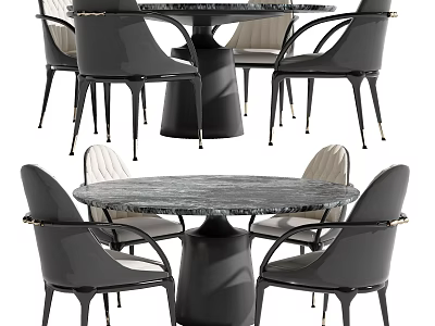 Modern Round Dining Table Set With Marble Top Metal Legs And Upholstered Chairs 3d model