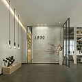 Modern Elegant Hotel Public Lounge With Bookshelves Dining Table Pendant Lights And Decorative Paintings