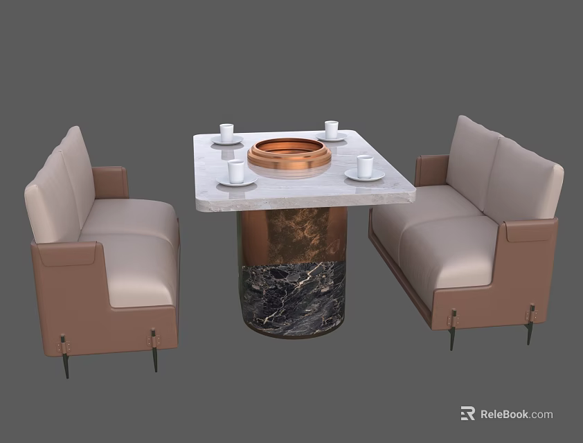 Dining Table Set With Beige Bench Seats Copper Tabletop Marble Base And White Tableware 3d model