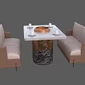 Dining Table Set With Beige Bench Seats Copper Tabletop Marble Base And White Tableware 3d model