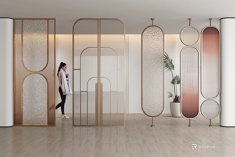 Modern Decorative Room Dividers With Glass Panels And Metal Frames In Interior Space 3d model 