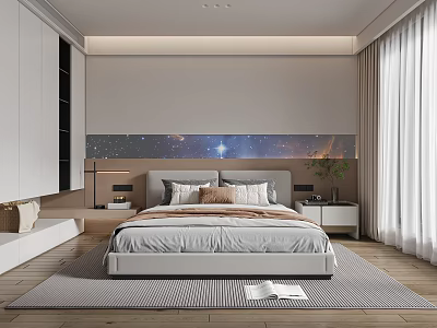Modern Bedroom Interior Design With Starry Sky Backdrop Bed Nightstands And Plants 3d model