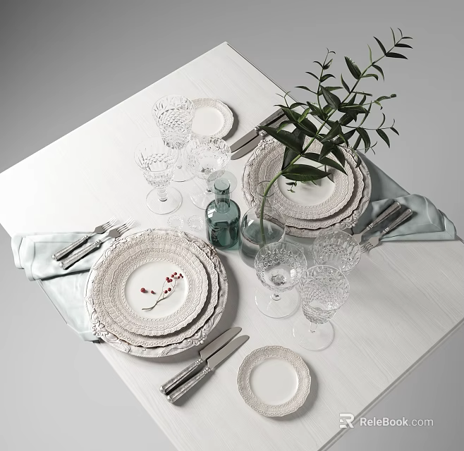 Elegant Dinnerware Set With Stacked White Ceramic Plates Glassware And Green Leaf Decoration 3d model 