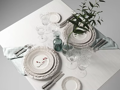 Elegant Dinnerware Set With Stacked White Ceramic Plates Glassware And Green Leaf Decoration 3d model