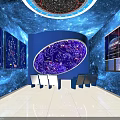 School Astronomy Classroom Featuring Starry Ceiling Planet Decorations Blue Walls And Tables With Chairs
