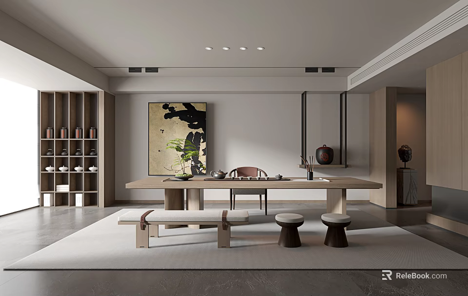 Traditional Chinese Tea Room Interior With Wooden Tea Table Ceramic Teacups And Hanging Paintings 3d model 