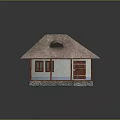 Traditional Small House With Thatched Roof Wooden Frame And White Walls Stone Foundation