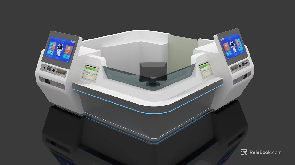 Modern White Reception Desk With Dual Digital Displays Glass Countertop And Blue LED Lighting 3d model 