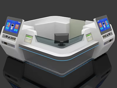 Modern White Reception Desk With Dual Digital Displays Glass Countertop And Blue LED Lighting 3d model