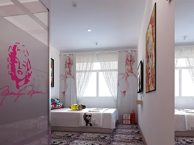 Modern Hotel Room Interior With Double Beds Glass Partition Pink Graphic And Decorative Paintings 3d model