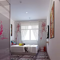 Modern Hotel Room Interior With Double Beds Glass Partition Pink Graphic And Decorative Paintings