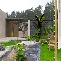Elegant Zen Style Garden Landscape With Cozy Leisure Space Lush Greenery And Natural Stepping Stones