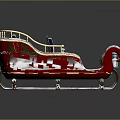 Elegant Red Christmas Sleigh With Blue Seats And Metal Frame Accents