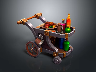 Wooden Utility Cart With Roast Chicken Fruits And Colorful Bottles 3d model