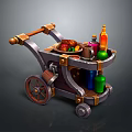 Wooden Utility Cart With Roast Chicken Fruits And Colorful Bottles