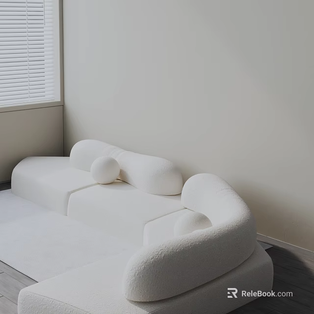 White Three-Seater Sofa With Rounded Design In Modern Interior Against Light Wall Near Window 3d model 