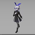 Anime Style Character With White Hair Blue Bow Black Coat And Fantasy Creature