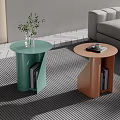 Modern Round Green and Orange Side Tables with Plant and Books in Minimalist Living Room