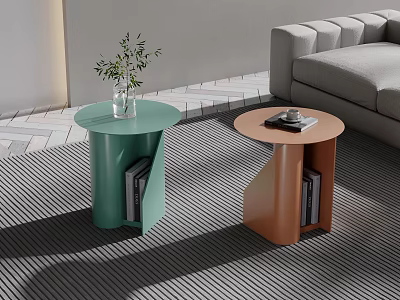 Modern Round Green and Orange Side Tables with Plant and Books in Minimalist Living Room 3d model