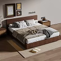 Wooden Double Bed with Nightstands Vase Table Lamp and Wall Art on Soft Bedding Rug