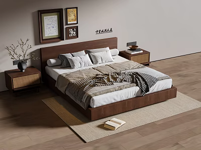Wooden Double Bed with Nightstands Vase Table Lamp and Wall Art on Soft Bedding Rug 3d model