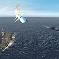 Warship Launching Missile At Sea With Aircraft Carrier And Small Vessel