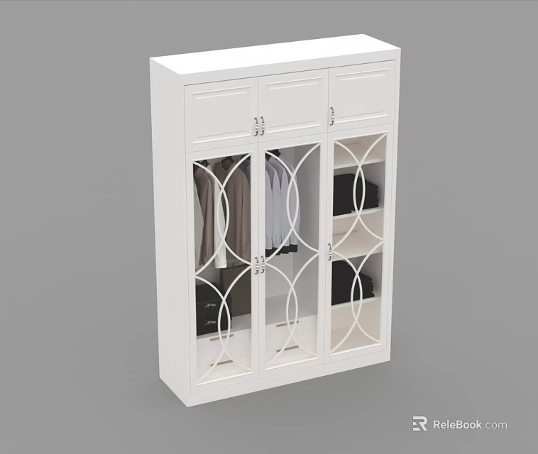 White Modern Wardrobe With Glass Doors Decorative Patterns And Hanging Clothes Storage 3d model 