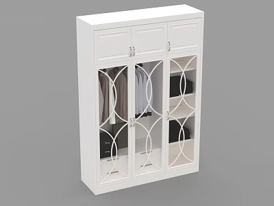 White Modern Wardrobe With Glass Doors Decorative Patterns And Hanging Clothes Storage 3d model