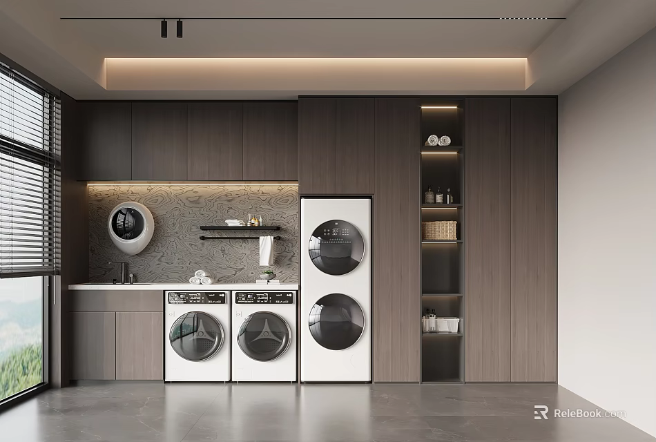 Modern Laundry Room With Built in Washing Machines And Storage Cabinetry 3d model 