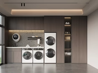 Modern Laundry Room With Built in Washing Machines And Storage Cabinetry 3d model