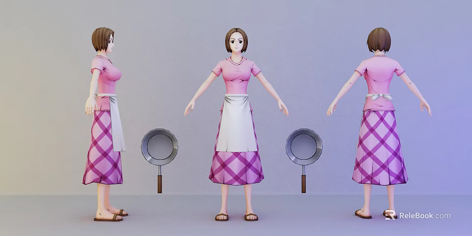 Woman Wearing Pink Top Purple Plaid Apron with Frying Pan Three Views Front Side Back 3d model 