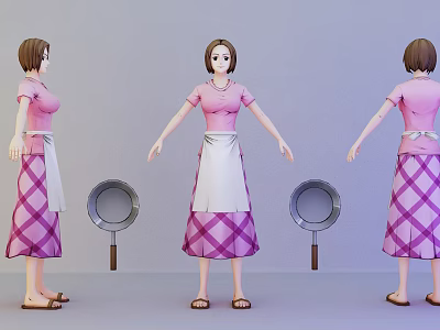 Woman Wearing Pink Top Purple Plaid Apron with Frying Pan Three Views Front Side Back 3d model
