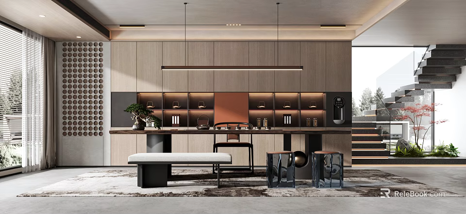 Modern Tea Room Interior Design With Wooden Counter Tea Sets And Cozy Seating Furniture 3d model 
