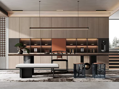 Modern Tea Room Interior Design With Wooden Counter Tea Sets And Cozy Seating Furniture 3d model