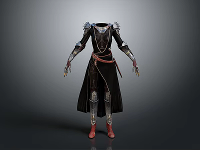 Stylish Black Robe Outfit With Metal Decorations Red Belt Spiked Hands And Red Boots 3d model