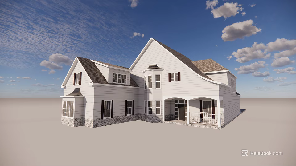 White Single Family House Exterior With Gabled Roof Porch And Multiple Windows 3d model 