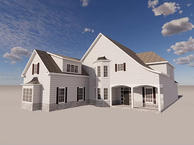 White Single Family House Exterior With Gabled Roof Porch And Multiple Windows 3d model