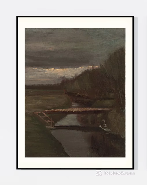 Rural Landscape Painting With Dark Cloudy Sky Wooden Bridge Small River And Water Reflection 3d model 
