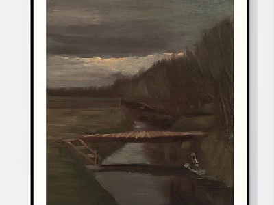 Rural Landscape Painting With Dark Cloudy Sky Wooden Bridge Small River And Water Reflection 3d model