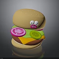 Funny Face Cartoon Hamburger With Lettuce Onion Cheese Patty And Sesame Bun