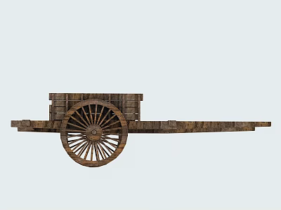 Ancient Wooden Wheelbarrow With Large Spoked Wheel And Wooden Frame 3d model
