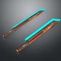 Two Modern Long Knives With Wooden Handles And Blue Glowing Sections Design
